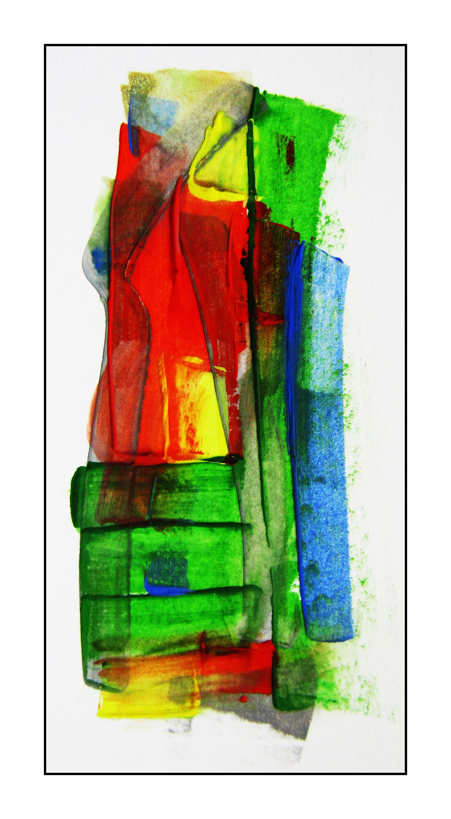 An abstract piece with broad streaks of red, green, and blue.