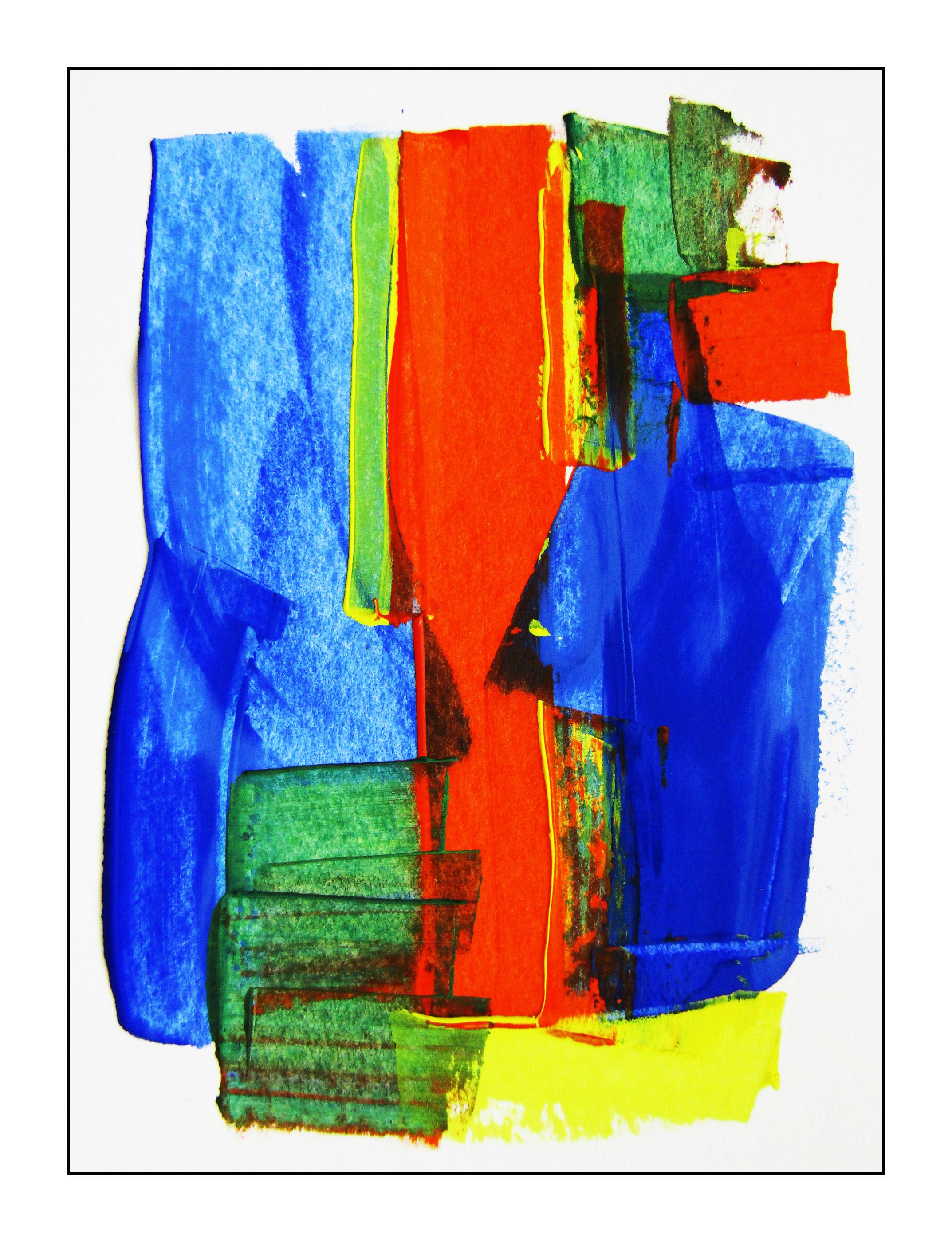 An abstract piece with broad strokes of blue, red, green, and some yellow.