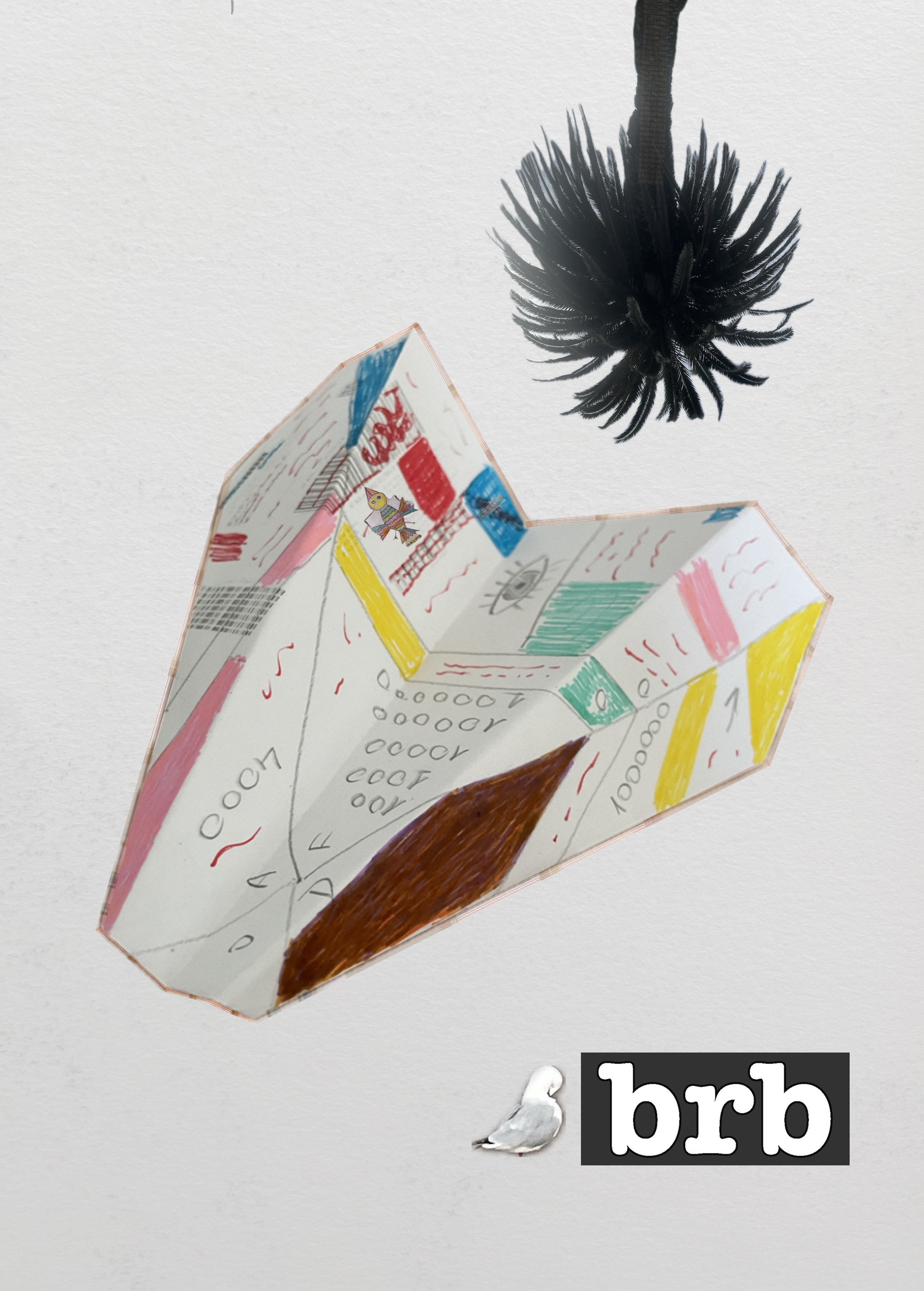 A paper airplane with various colorful scribbles flies through white space; text in the bottom right corner reads "brb"