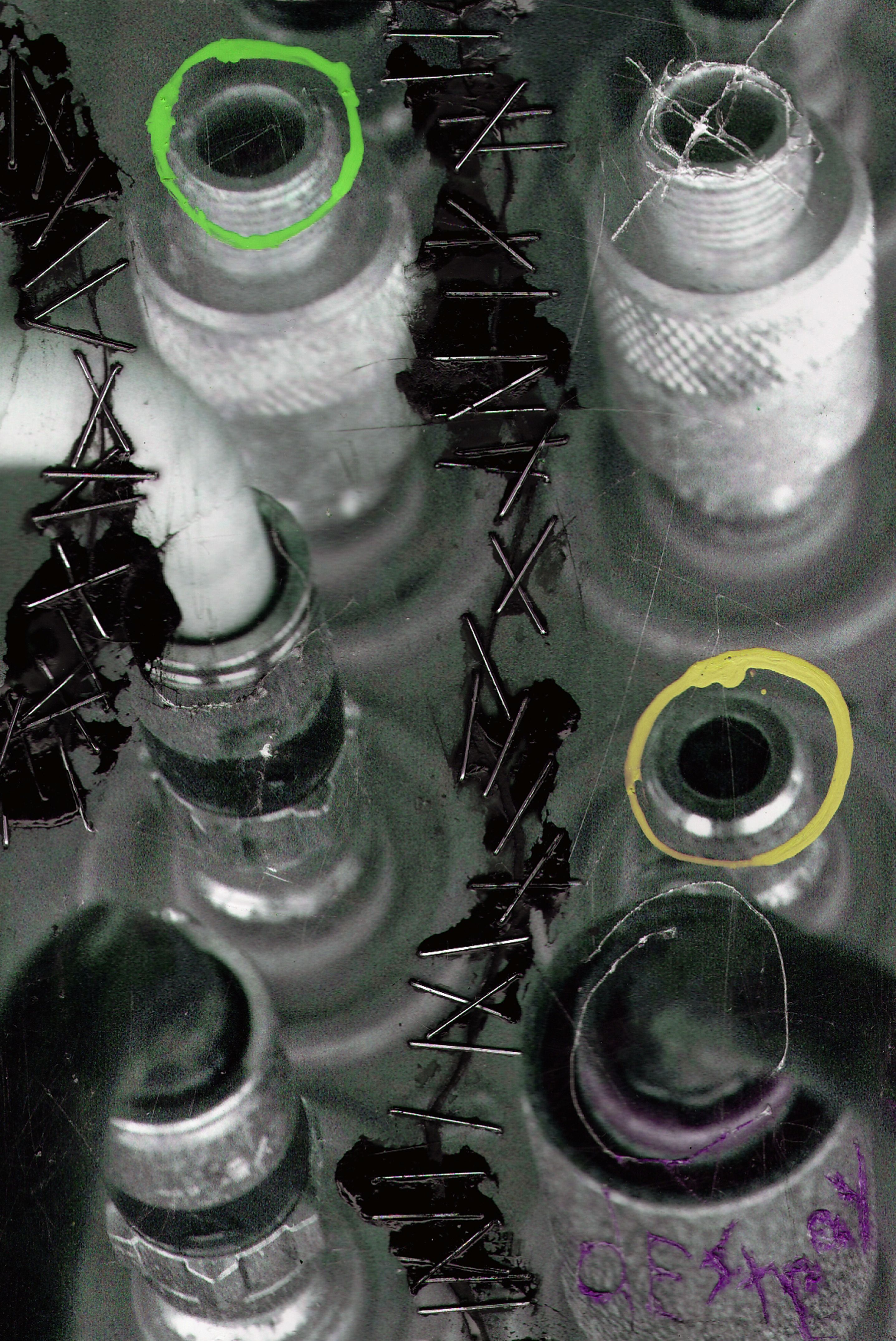 A dark-toned abstract image of the tops of several bottles, with crosshatching down the image. 