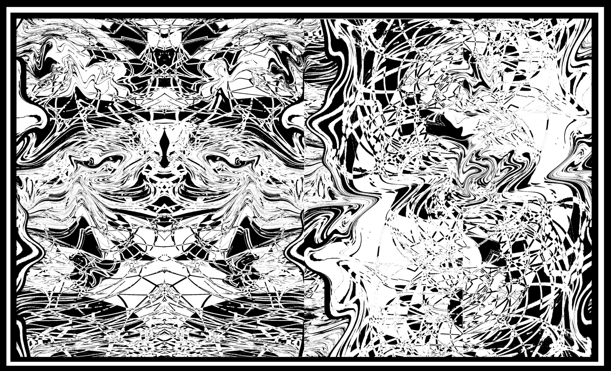 A black and white abstract-style image appeared to be done in ink. Lots of lines, squiggles, and movement. 