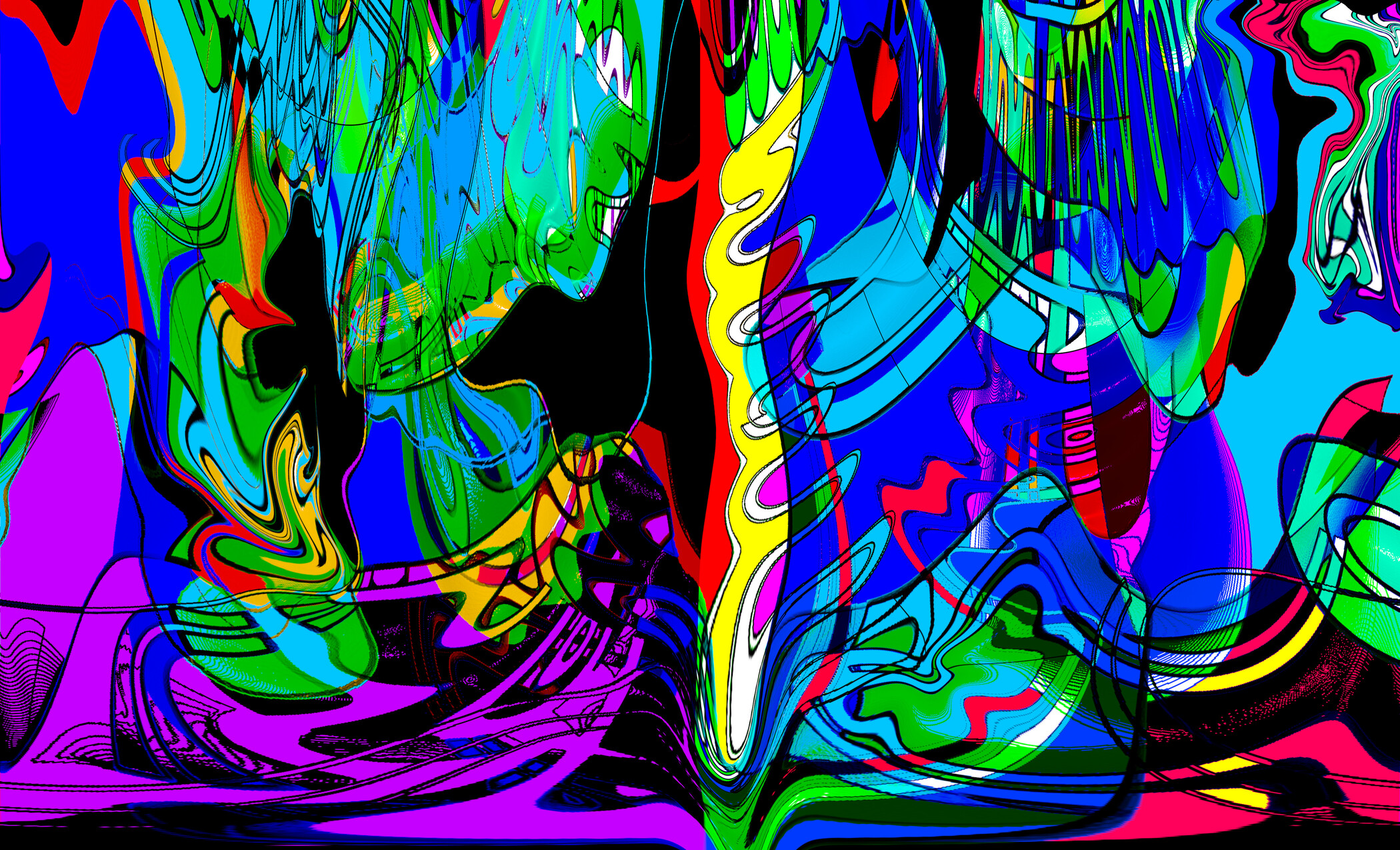An abstract image with bright, neon colors and lots of intersecting lines and swirls. 